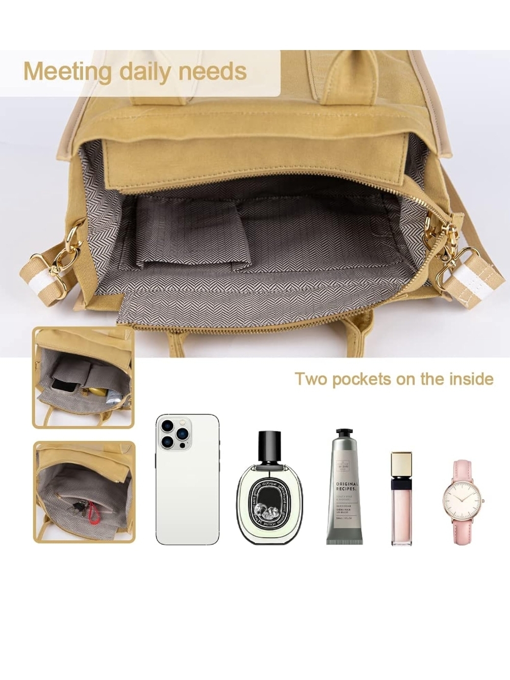 Mustard Yellow Canvas Tote Bag with Removable Strap - Picture 7 of 9
